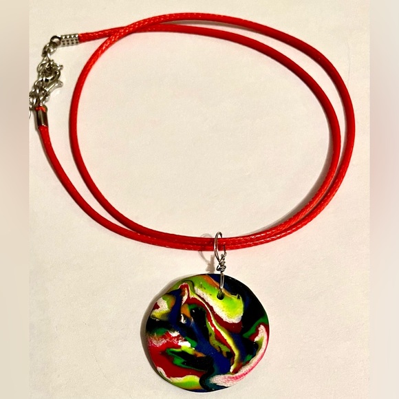 Handmade Clay Necklace Primary Colours Red Blue Yellow Reversible Unique - Picture 1 of 8